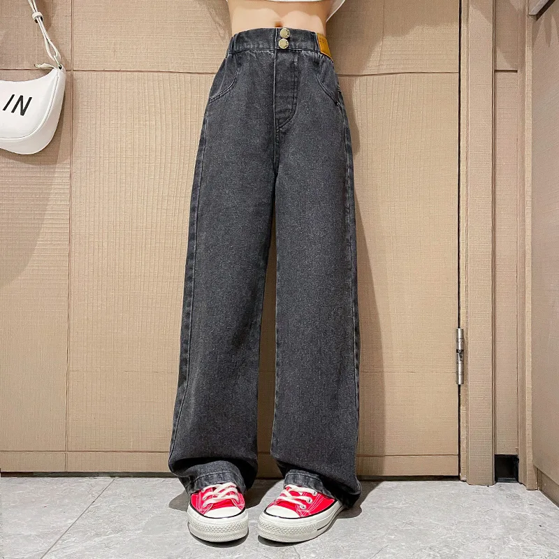 New 2024 Teenage Girls Blue Street Cartoon Print Elastic Mid Waist Loose Denim Jeans Spring Fashion Children Cute Wide Leg Pants - Image 23