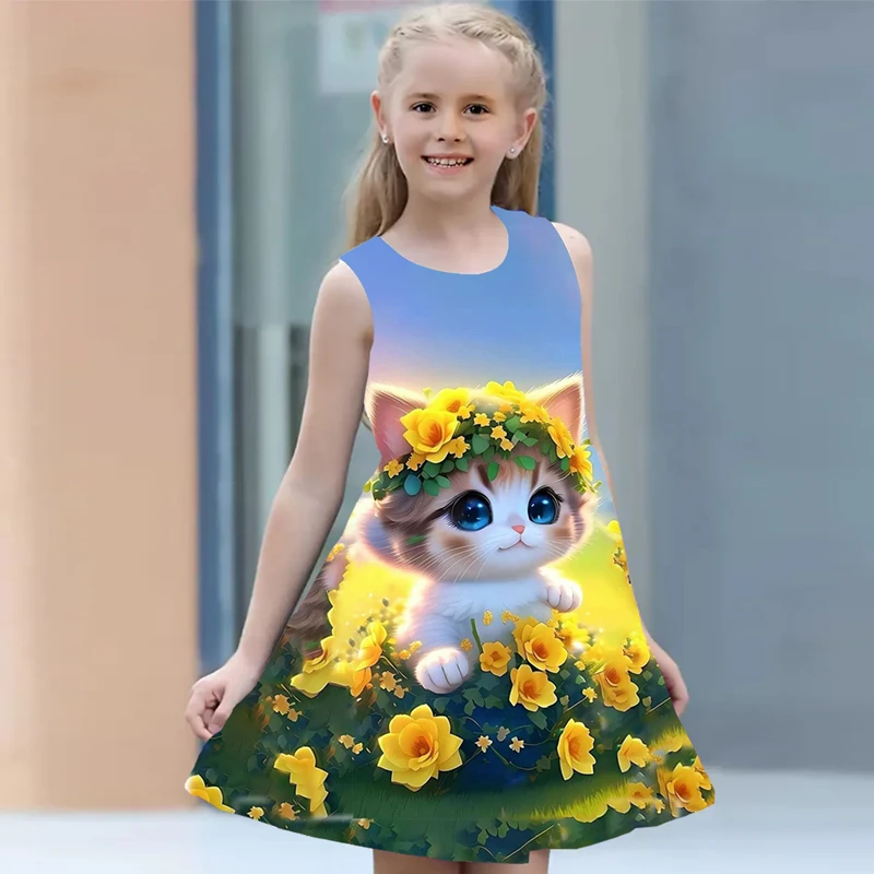 Summer Dress For Girls 2024 Kids Clothes Casual Sleeveless O-neck Cat 3D Print Children Princess Dress Girl 2 To 8 Years Old - Image 3