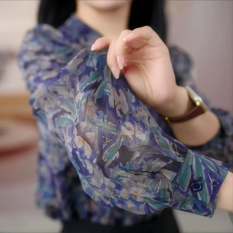 New Spring Autumn Women Korean Fashion Print Chiffon Shirt Office Lady Elegant Stand Collar Blouse Casual Long Sleeve Loose Tops - Image 2