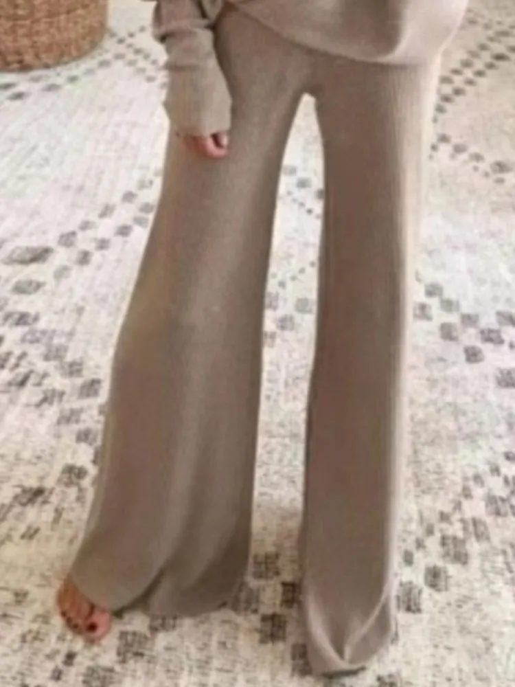 Fashion Long-sleeved Bateau Collar Top + Wide-leg Pants 2-piece Set Women Elegant Autumn Solid Color Knitted Loose Suit Female - Image 6