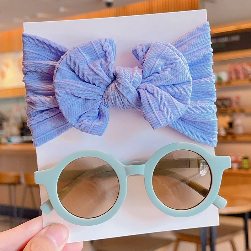 2 Pcs/Set New Children Solid Color Cotton Bowknot Wide Hairband Round Sunglasses Set Baby Girls Sunglasses Kids Hair Accessories - Image 8