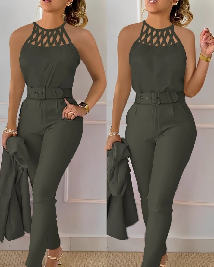 Two Piece Set Women Outfit 2024 Summer Fashion Hollow Out Round Neck Sleeveless Tank Top & Casual Pocket Daily Pants Set - Image 7
