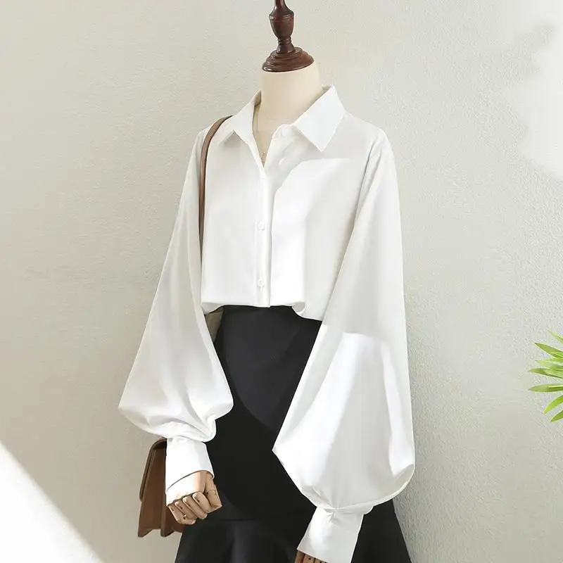 Blouses Tops Women White Black Long Lantern Sleeve Office Lady Temperament Autumn Winter Basic All-match Design Chic Female New - Image 7