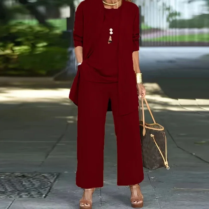 Casual O Neck Vest Cardigan Three Piece Set Elegant Solid Color Loose Pants Outfit Autumn Winter Fashion Women Long Sleeved Suit - Image 5