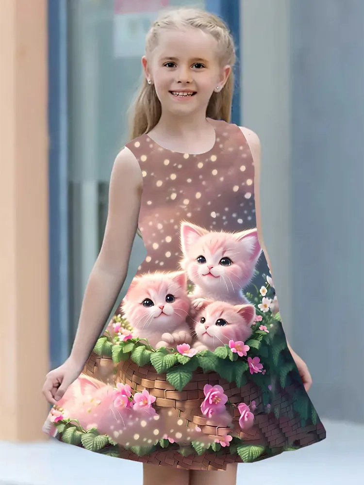 Summer Dress For Girls 2024 Kids Clothes Casual Sleeveless O-neck Cat 3D Print Children Princess Dress Girl 2 To 8 Years Old - Image 8