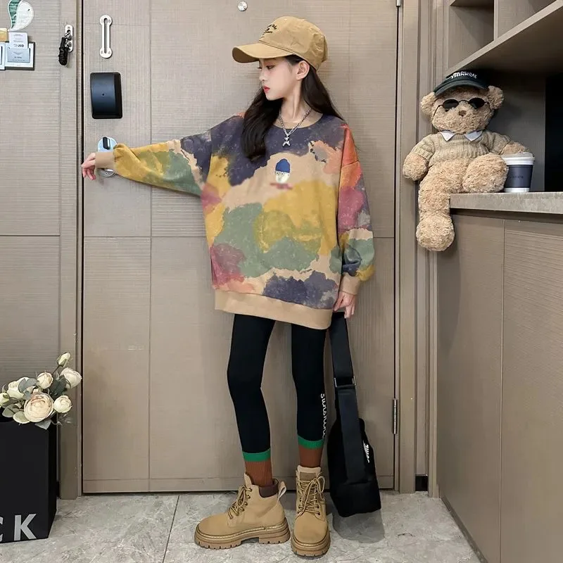 2023 autumn winter Girls clothes long t-shirt Dresses Baby hooded tops teens Kids loose cloud cluster print sweatshirts 12 year - Image 3