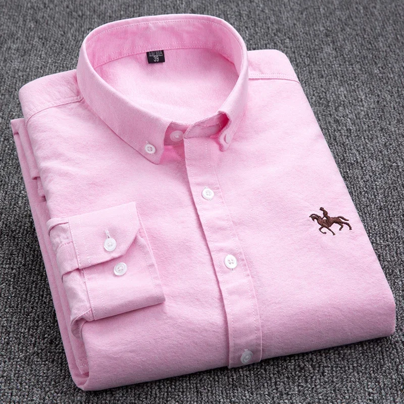 2024 Men's Long Sleeve Dress Shirt Men Pure Cotton Oxford Embroidered Horse Casual Without Pocket Solid Shirt Plus Size - Image 10