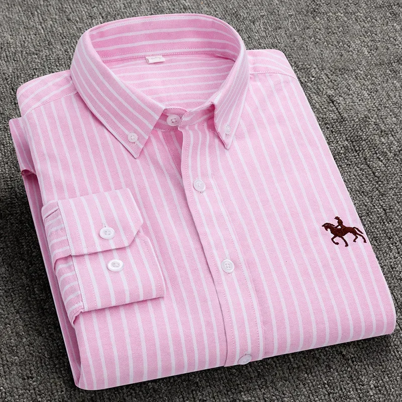 2024 Men's Long Sleeve Dress Shirt Men Pure Cotton Oxford Embroidered Horse Casual Without Pocket Solid Shirt Plus Size - Image 9