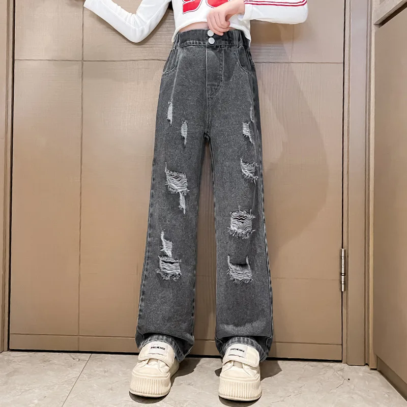New 2024 Teenage Girls Blue Street Cartoon Print Elastic Mid Waist Loose Denim Jeans Spring Fashion Children Cute Wide Leg Pants - Image 9