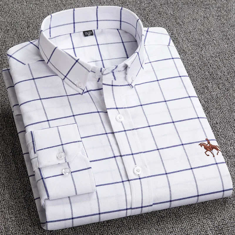 2024 Men's Long Sleeve Dress Shirt Men Pure Cotton Oxford Embroidered Horse Casual Without Pocket Solid Shirt Plus Size - Image 14