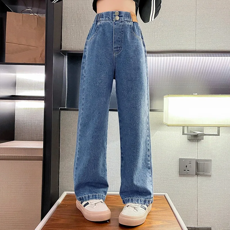 New 2024 Teenage Girls Blue Street Cartoon Print Elastic Mid Waist Loose Denim Jeans Spring Fashion Children Cute Wide Leg Pants - Image 24