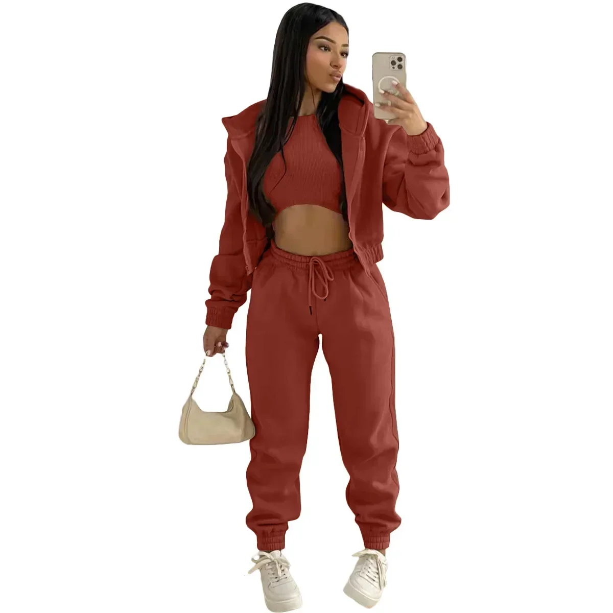 3pcs Women's Clothing Set Fleece-lined Hooded Sweater &Sleeveless Tank Top & Sports Sweatpants Pants - Image 14