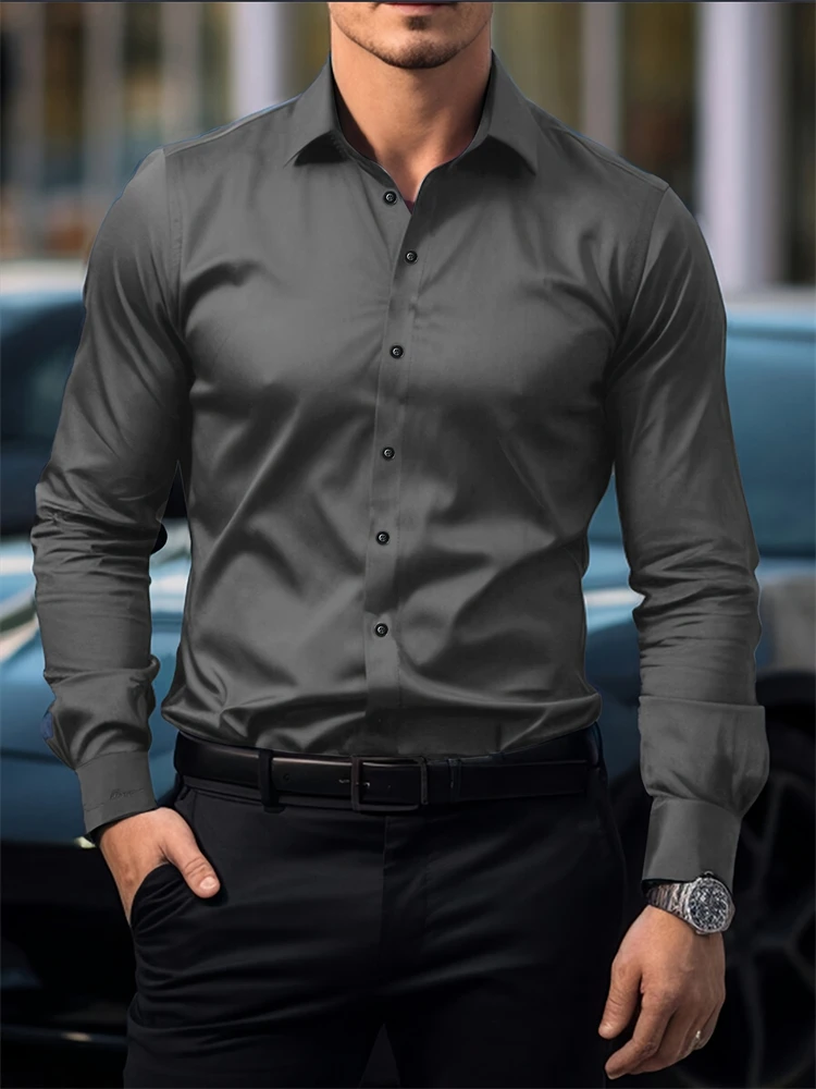 2025 Men's Shirt Business Button Down Shirt Summer Solid Color Long Sleeve Lapel Vacation Shirt Fashion Temperament Casual Tops - Image 17