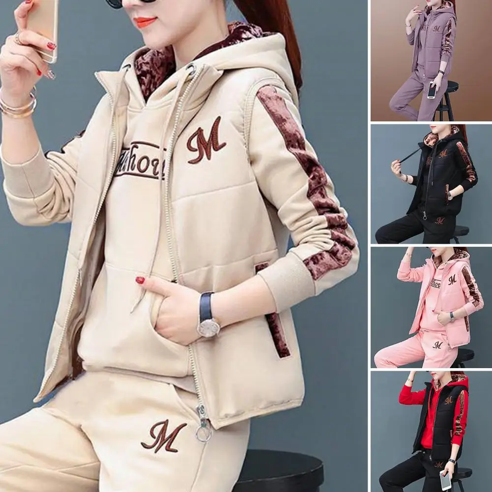 Fashion Warm Three Piece Set Women Outfit 2022 Fall Winter Thicken Tracksuit Casual Waistcoat + Hoodies + Pant Female Sweat Suit - Image 3