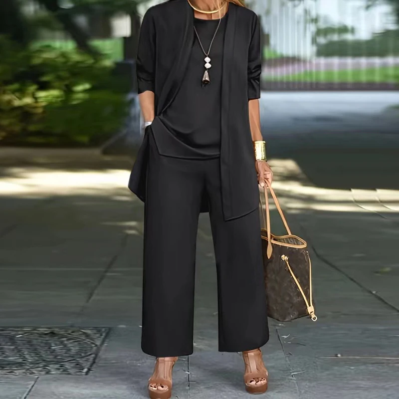Casual O Neck Vest Cardigan Three Piece Set Elegant Solid Color Loose Pants Outfit Autumn Winter Fashion Women Long Sleeved Suit - Image 4