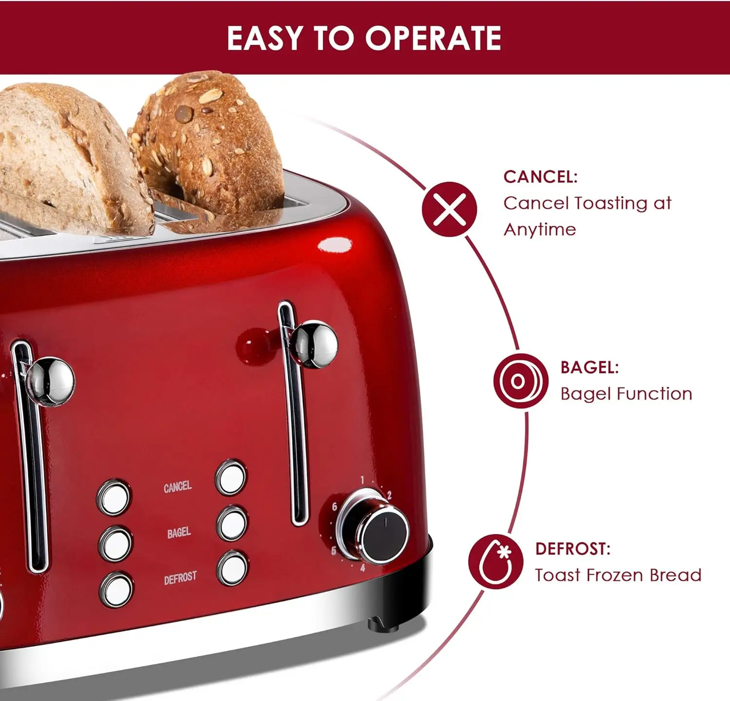 4 Slice Toaster Retro Stainless Steel Toasters with Bagel Defrost Cancel Function 6 Browning Settings Extre Wide Slot Red - Image 4