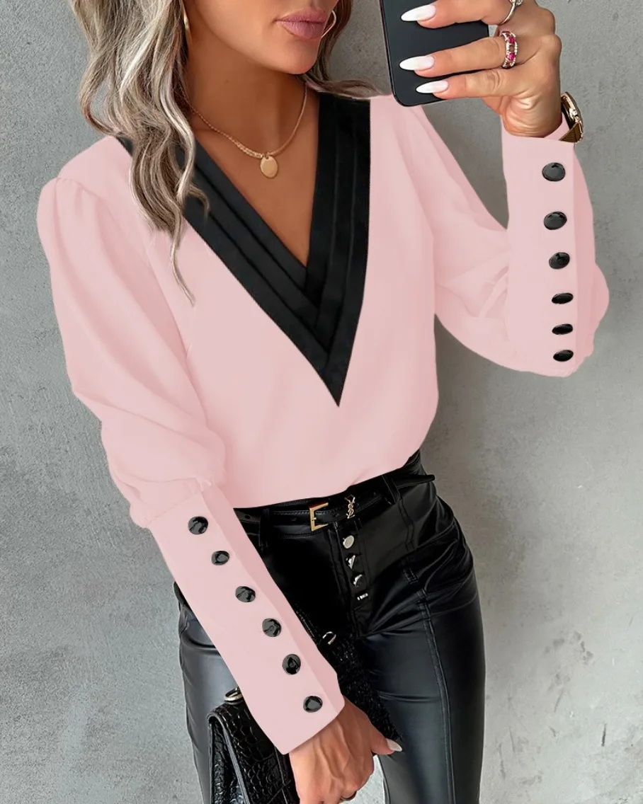 Elegant Women's Shirt Autumn 2025 New Fashion V-neck Pullover Solid Color Contrasting Loose Long Sleeved Button Women's Shirt - Image 2