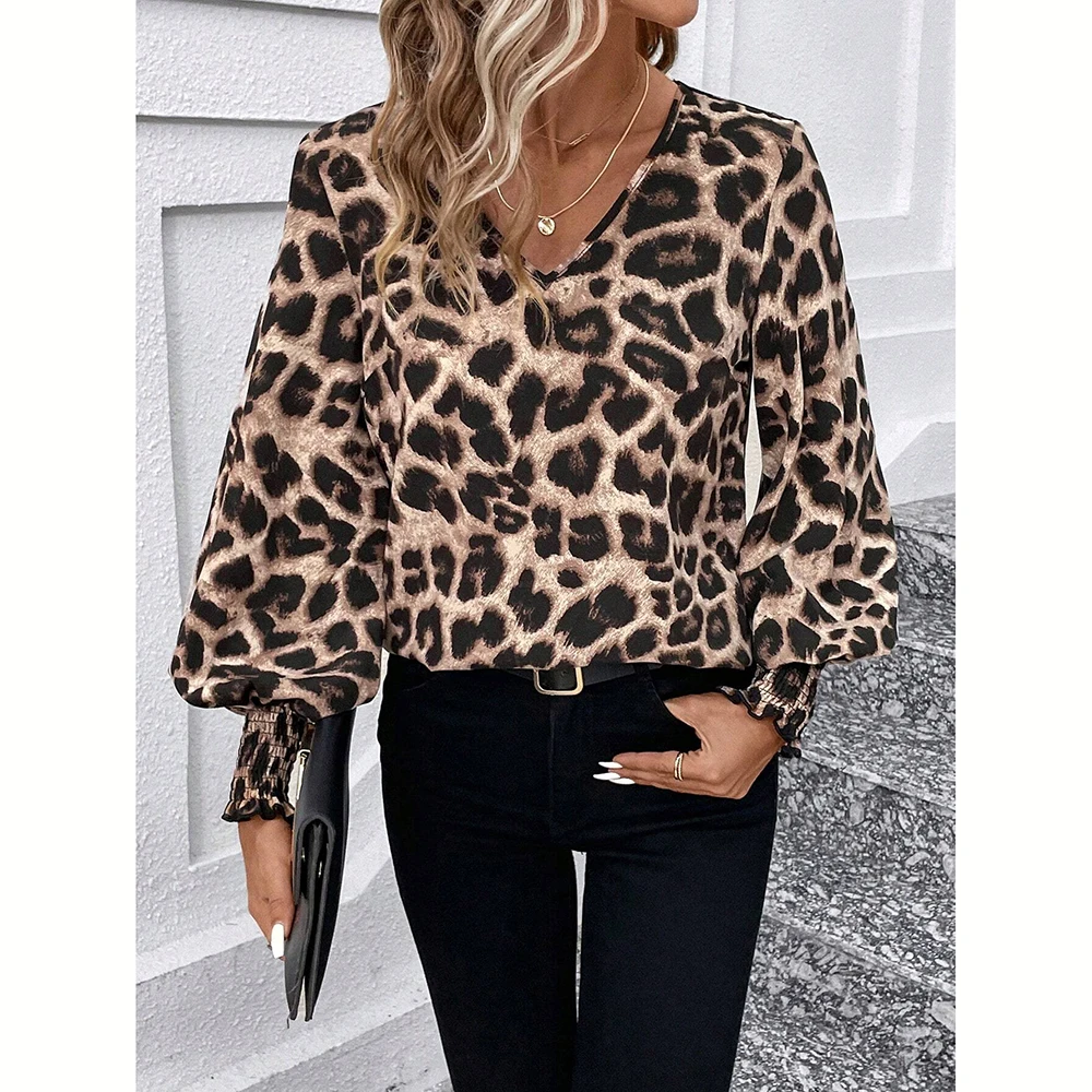 Mia Muse Women's Blouses Autumn Winter Simple Fitting Slim Leopard Long Sleeve V-Neck High Street Blouses - Image 4