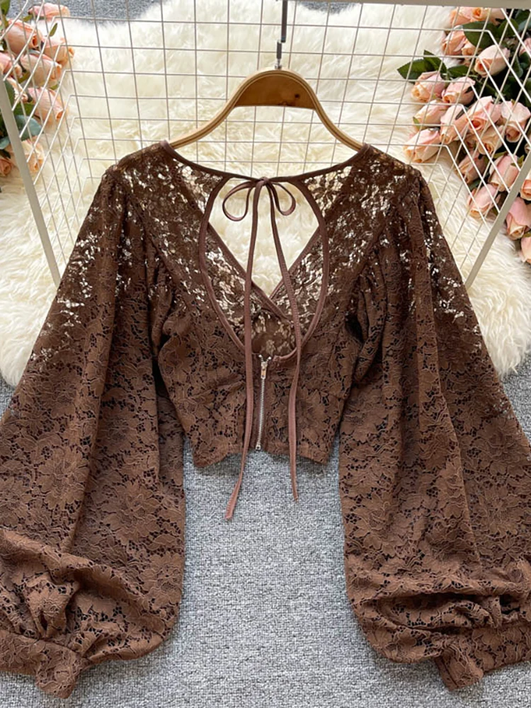 Autumn Black/White/Brown Sexy Lace Blouse Women Elegant V-Neck Puff Long Sleeve Open Back Short Tops Female Party Blusas 2021 - Image 5