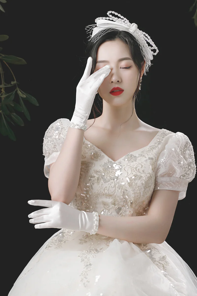 Elegant Women Wedding Bridal Short Gloves Full Finger Pearls Wrist Length Costume Prom Party Gloves white gloves gelin - Image 4