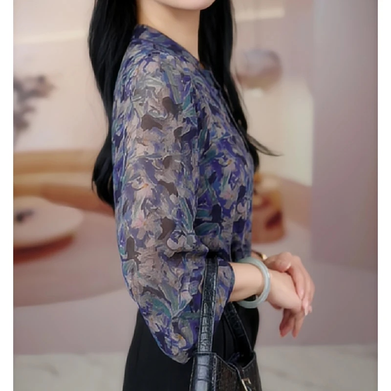 New Spring Autumn Women Korean Fashion Print Chiffon Shirt Office Lady Elegant Stand Collar Blouse Casual Long Sleeve Loose Tops - Image 3
