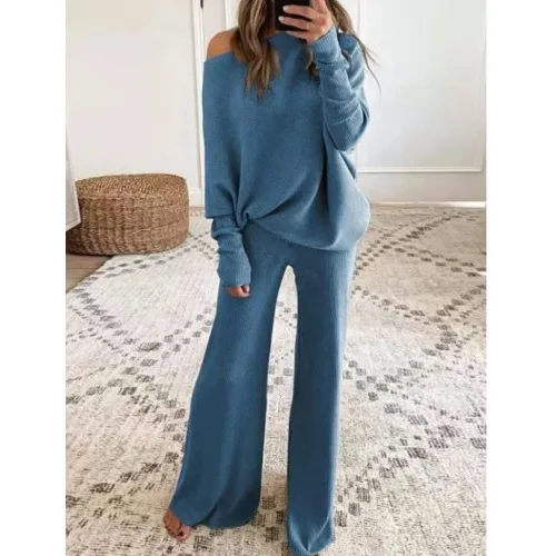 Fashion Long-sleeved Bateau Collar Top + Wide-leg Pants 2-piece Set Women Elegant Autumn Solid Color Knitted Loose Suit Female - Image 9