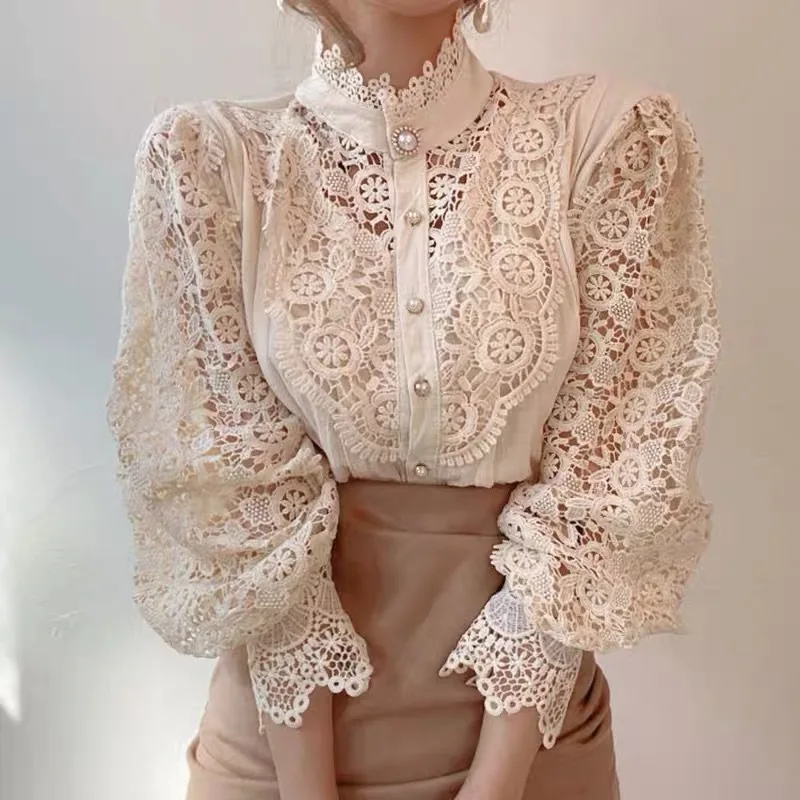 Elegant Lace Tops Embroidery Hollow Out Solid Stand Collar Female Tunic Plus Size Petal Sleeve Spring Womens Tops And Blouses - Image 5