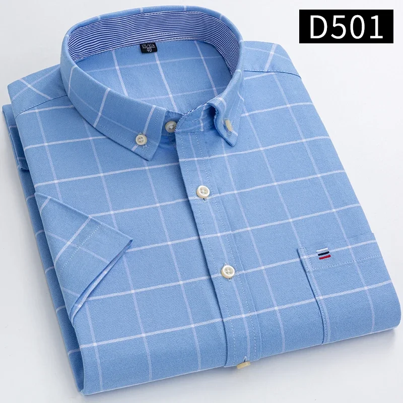 100% Cotton Breathable Men Oxford Short Sleeve Summer Plaid Shirts Striped Male Clothes Business Regular Fit Oversized - Image 7