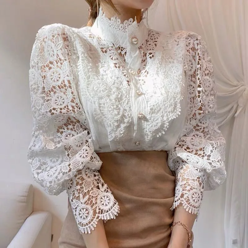 Elegant Lace Tops Embroidery Hollow Out Solid Stand Collar Female Tunic Plus Size Petal Sleeve Spring Womens Tops And Blouses - Image 2