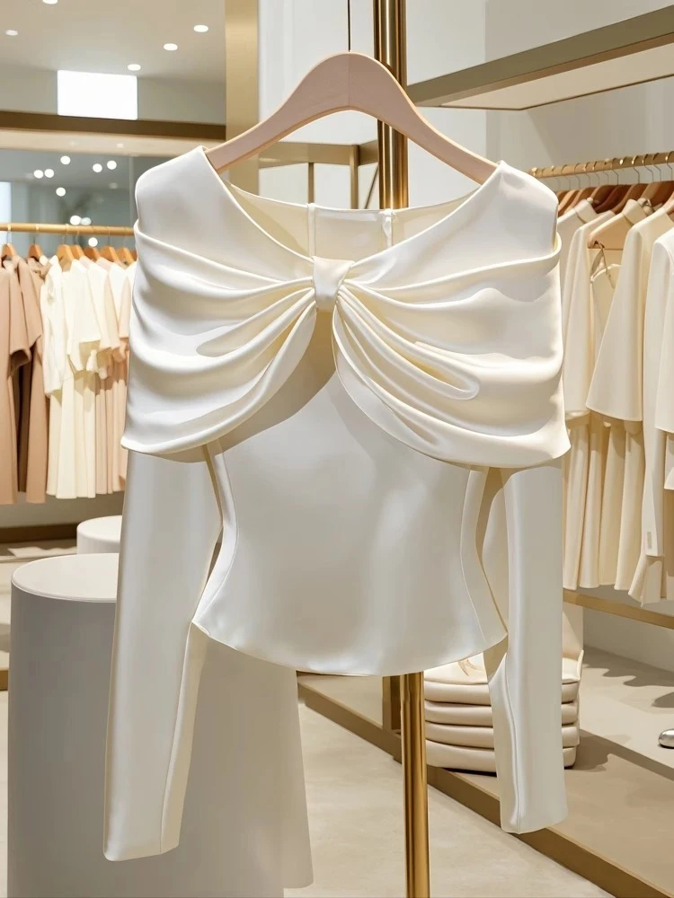 Autumn Spring 2025 Women's Blouse Elegant Ruffled Ruched Slim Waist Top Shirt Long Sleeve Casual 40916 - Image 2