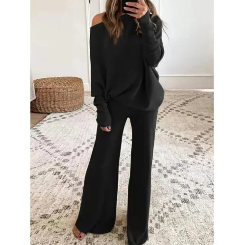 Fashion Long-sleeved Bateau Collar Top + Wide-leg Pants 2-piece Set Women Elegant Autumn Solid Color Knitted Loose Suit Female - Image 10