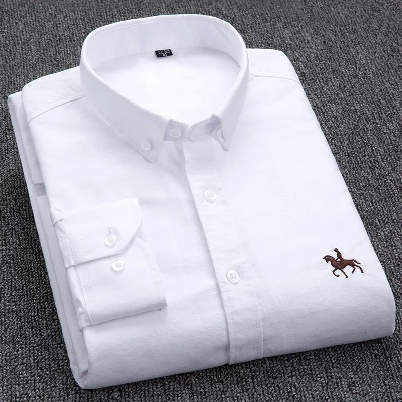 2024 Men's Long Sleeve Dress Shirt Men Pure Cotton Oxford Embroidered Horse Casual Without Pocket Solid Shirt Plus Size - Image 11