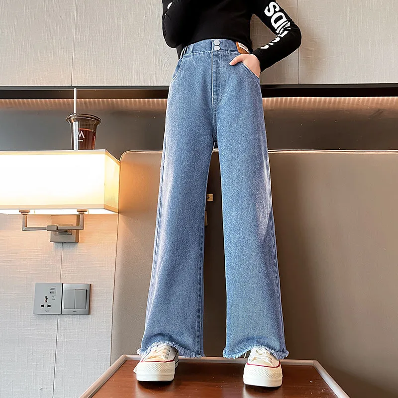 New 2024 Teenage Girls Blue Street Cartoon Print Elastic Mid Waist Loose Denim Jeans Spring Fashion Children Cute Wide Leg Pants - Image 19