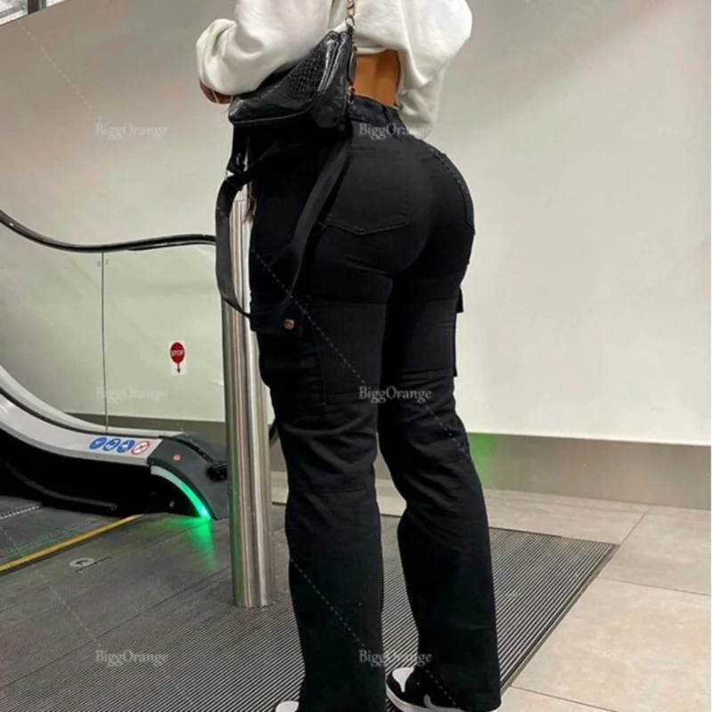 Jeans Women Cargo Pants Denim Washed Slim Pockets Solid Button High Waist Ankle Length Trousers Casual 2024 Pencil Denims - Image 4