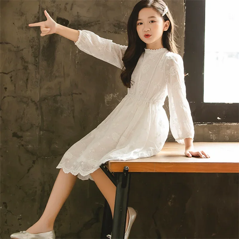 Kids Dresses Teenage White Wedding Party Lace Girl Dress Long Sleeve Children Carnival Spring Autumn 4 6 8 9 10 12 Years Clothes - Image 4