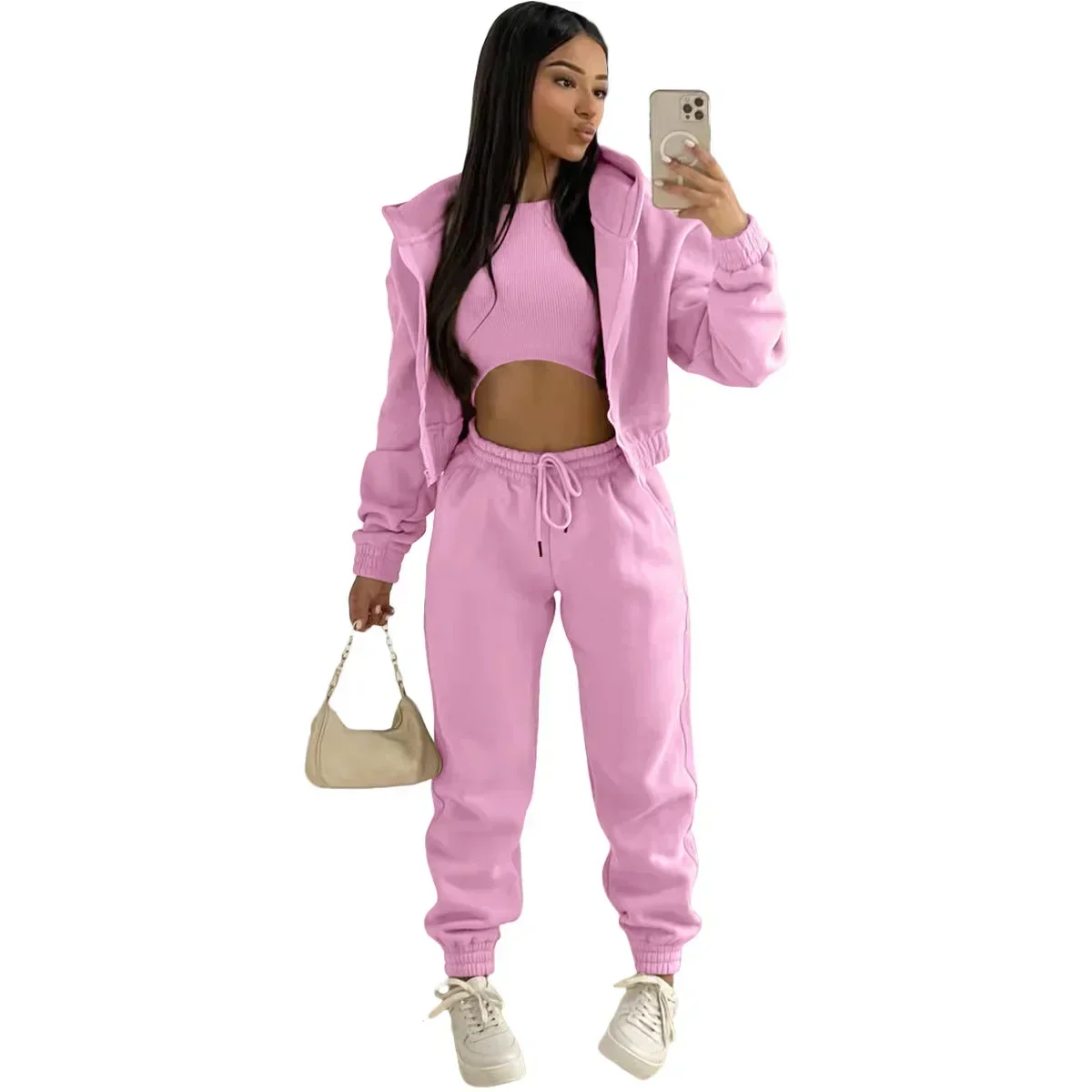 3pcs Women's Clothing Set Fleece-lined Hooded Sweater &Sleeveless Tank Top & Sports Sweatpants Pants - Image 4
