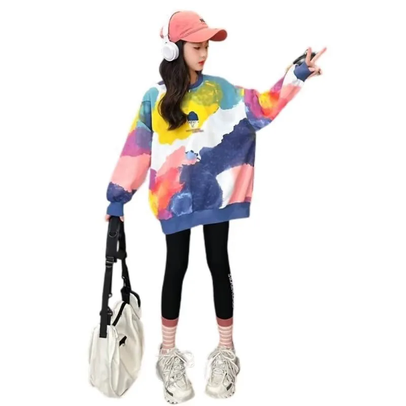 2023 autumn winter Girls clothes long t-shirt Dresses Baby hooded tops teens Kids loose cloud cluster print sweatshirts 12 year - Image 2