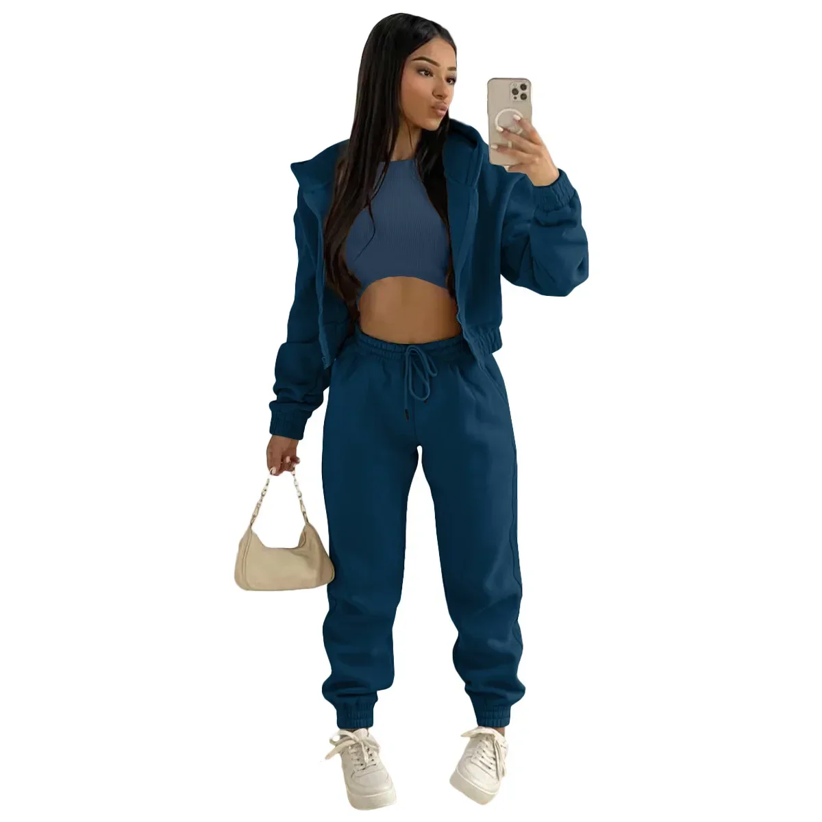 3pcs Women's Clothing Set Fleece-lined Hooded Sweater &Sleeveless Tank Top & Sports Sweatpants Pants - Image 11