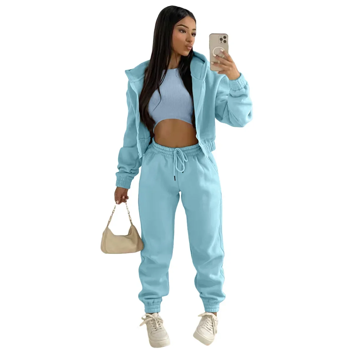 3pcs Women's Clothing Set Fleece-lined Hooded Sweater &Sleeveless Tank Top & Sports Sweatpants Pants - Image 12