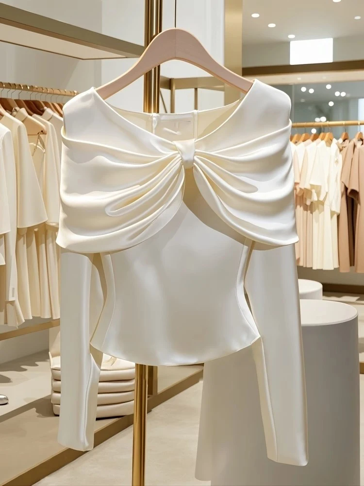 Autumn Spring 2025 Women's Blouse Elegant Ruffled Ruched Slim Waist Top Shirt Long Sleeve Casual 40916 - Image 3