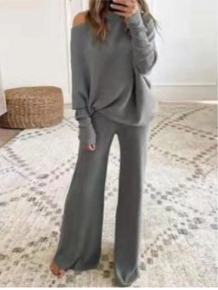Fashion Long-sleeved Bateau Collar Top + Wide-leg Pants 2-piece Set Women Elegant Autumn Solid Color Knitted Loose Suit Female - Image 2