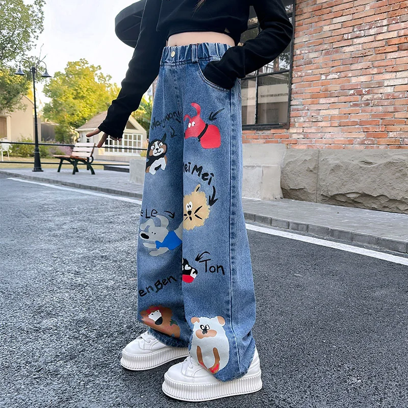 New 2024 Teenage Girls Blue Street Cartoon Print Elastic Mid Waist Loose Denim Jeans Spring Fashion Children Cute Wide Leg Pants - Image 4