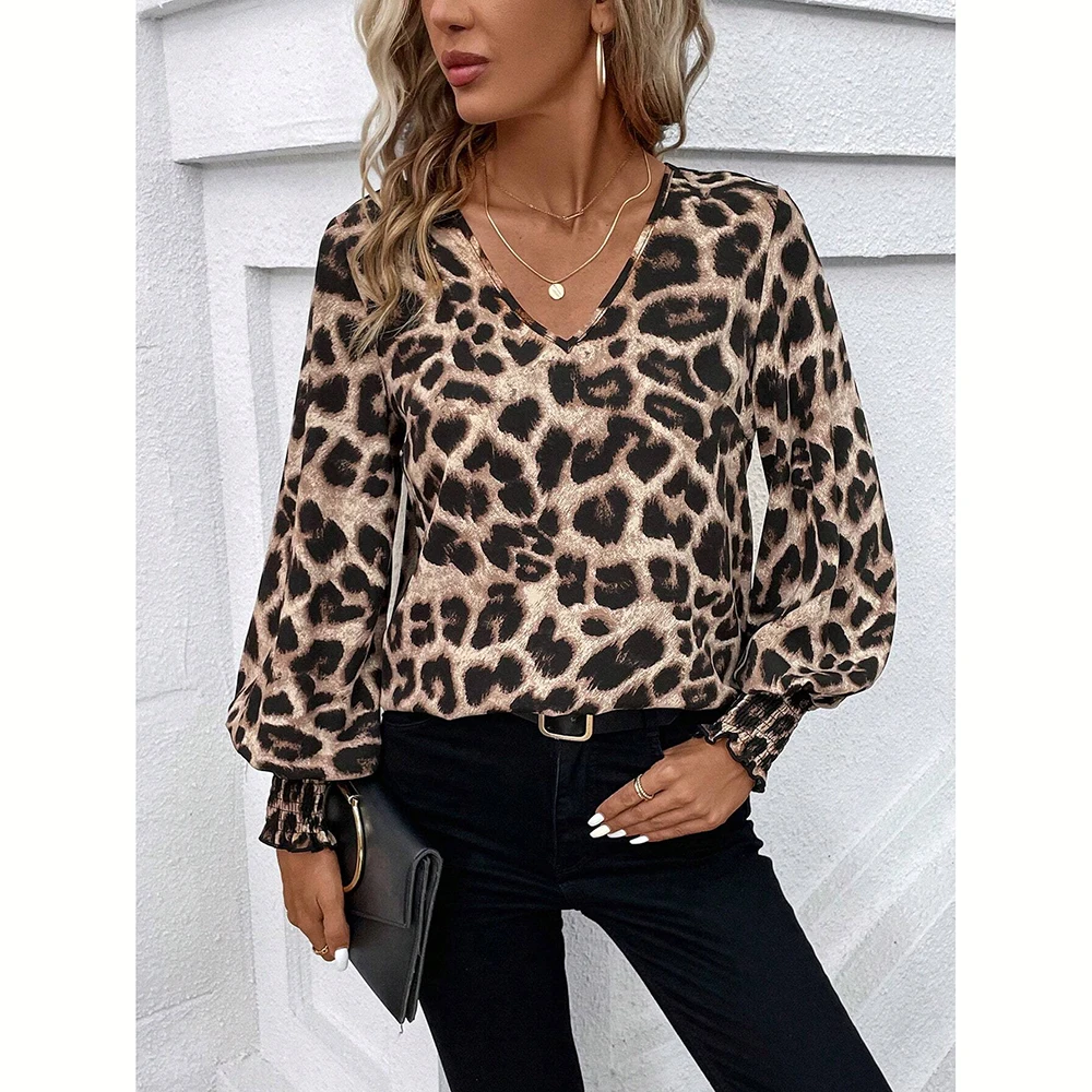 Mia Muse Women's Blouses Autumn Winter Simple Fitting Slim Leopard Long Sleeve V-Neck High Street Blouses - Image 3