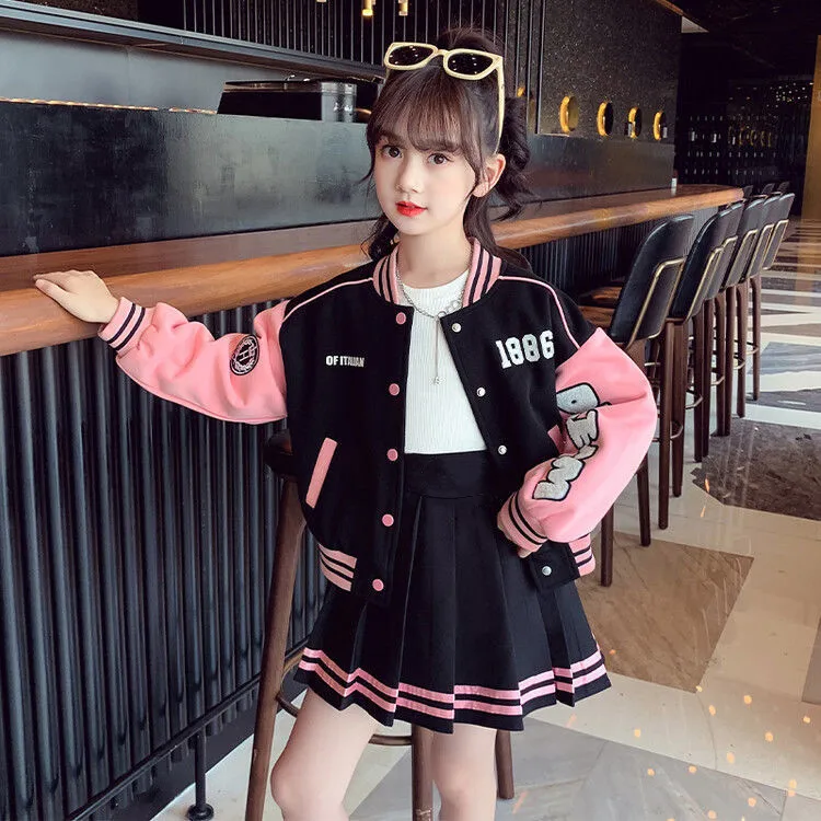 2025 winter spring Girls Teenager Patchwork zipper striped Coats Jacket + baseball clothes sexy short skirt 5 6 7 8 9 10 11 year