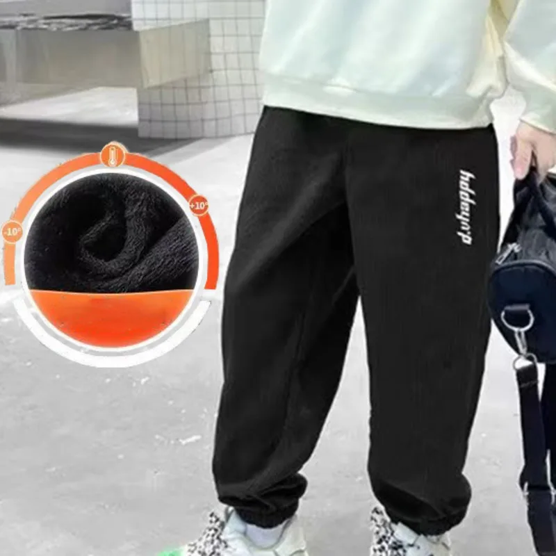 Boys' Pants, Autumn And Winter New Children's Plush And Thickened Casual Pants, Boys' Bathroom Pants, All In One Velvet - Image 3