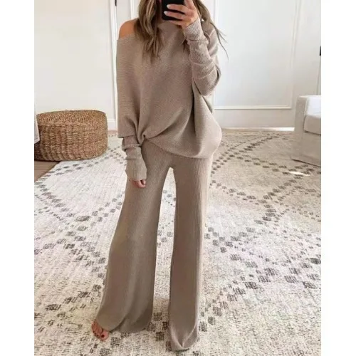 Fashion Long-sleeved Bateau Collar Top + Wide-leg Pants 2-piece Set Women Elegant Autumn Solid Color Knitted Loose Suit Female - Image 7
