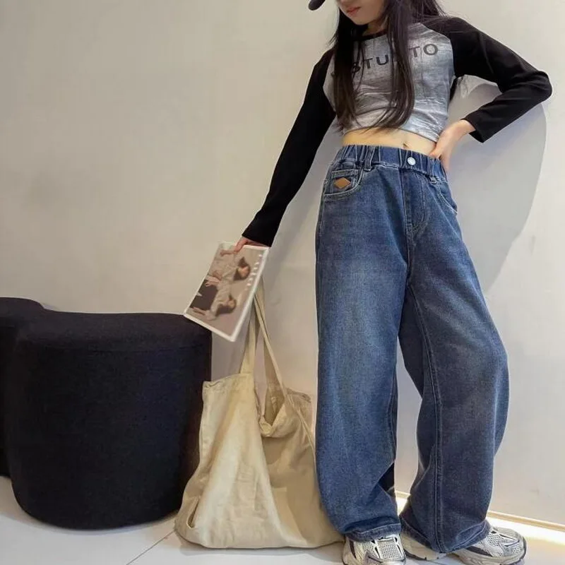 New 2024 Teenage Girls Blue Street Cartoon Print Elastic Mid Waist Loose Denim Jeans Spring Fashion Children Cute Wide Leg Pants - Image 14