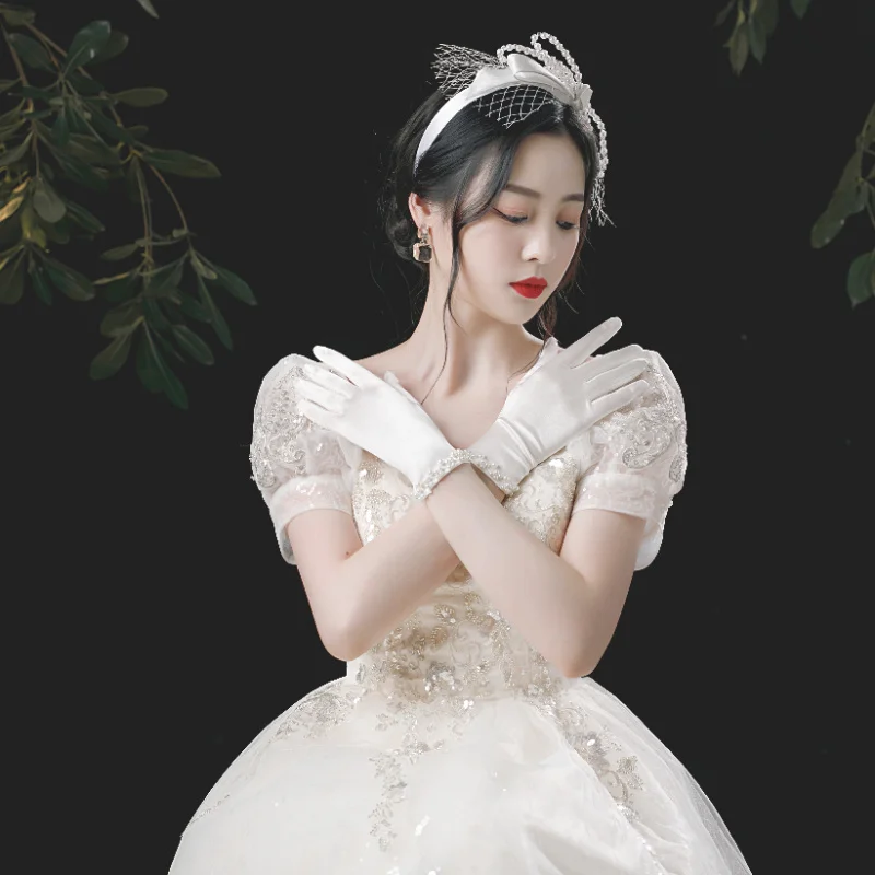 Elegant Women Wedding Bridal Short Gloves Full Finger Pearls Wrist Length Costume Prom Party Gloves white gloves gelin - Image 3