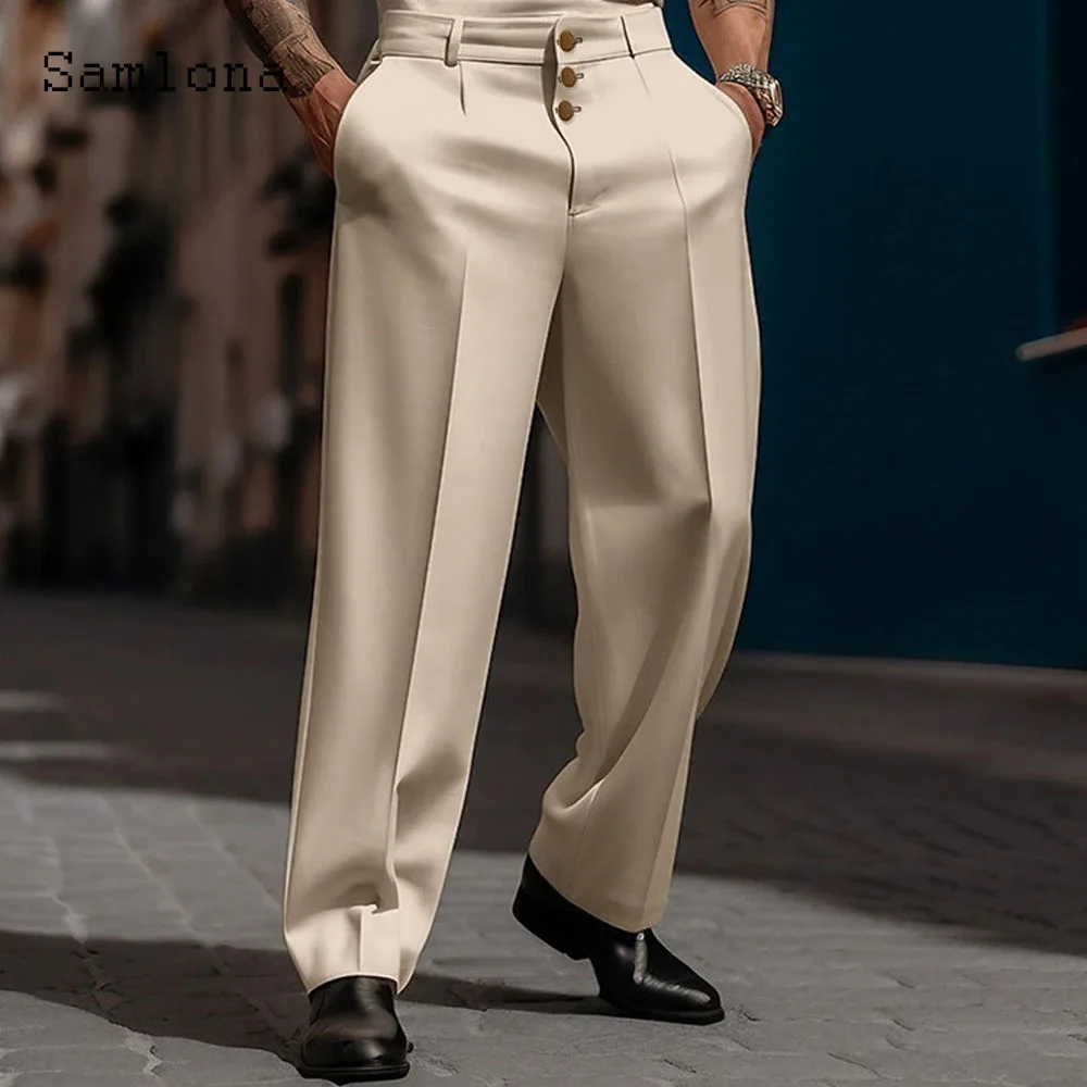 2023 Men's Stand Pocket Elegant Wide Leg Pants Solid White Party Wedding Trousers Plus Size Mens Fashion Buttons Up Suit Pants - Image 2
