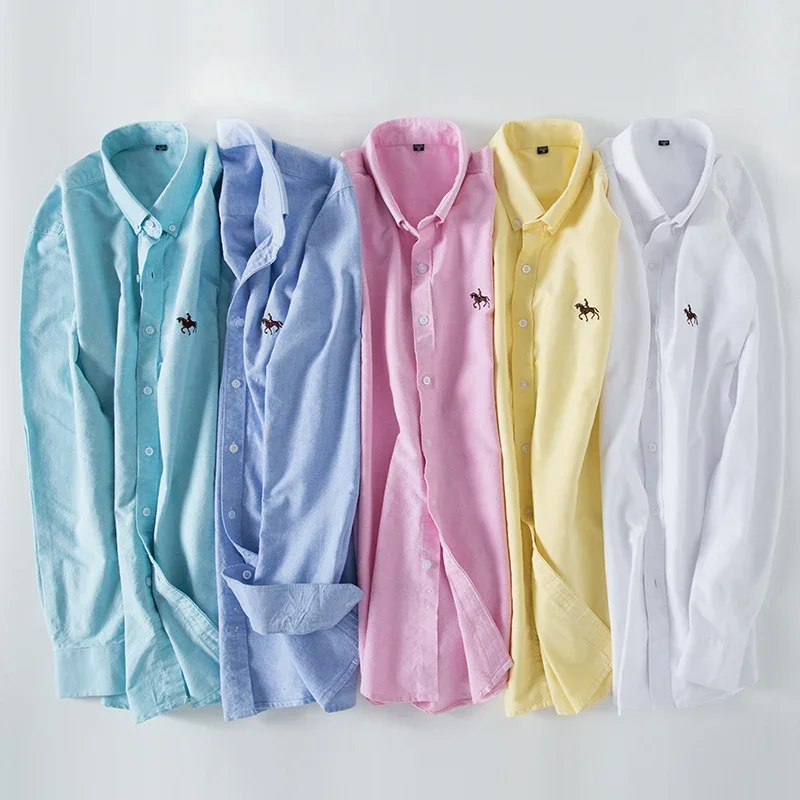 2024 Men's Long Sleeve Dress Shirt Men Pure Cotton Oxford Embroidered Horse Casual Without Pocket Solid Shirt Plus Size - Image 6